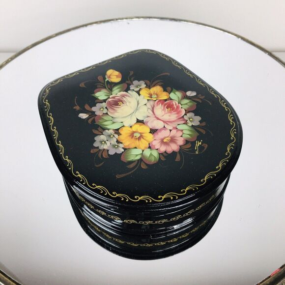 Vintage Russian Hand Painted Lacquered Floral Hinged Trinket Box Signed